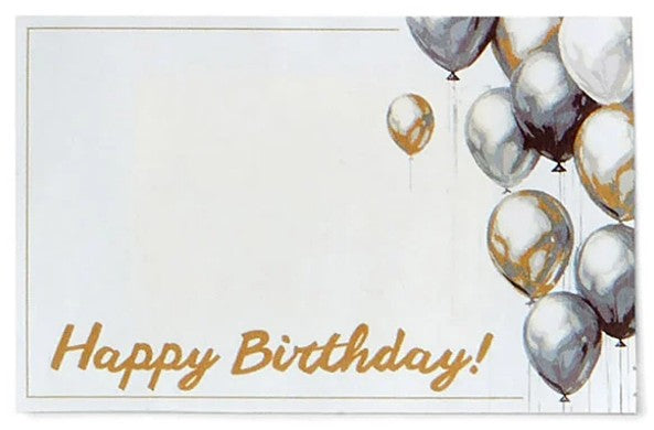 Happy Birthday card with gold, silver, and white balloons on a white background