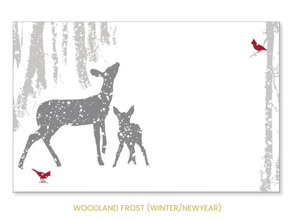 A serene and artistic winter scene featuring a silver-toned forest and graceful deer—our premier choice for a neutral, "Radiant" winter sentiment.
