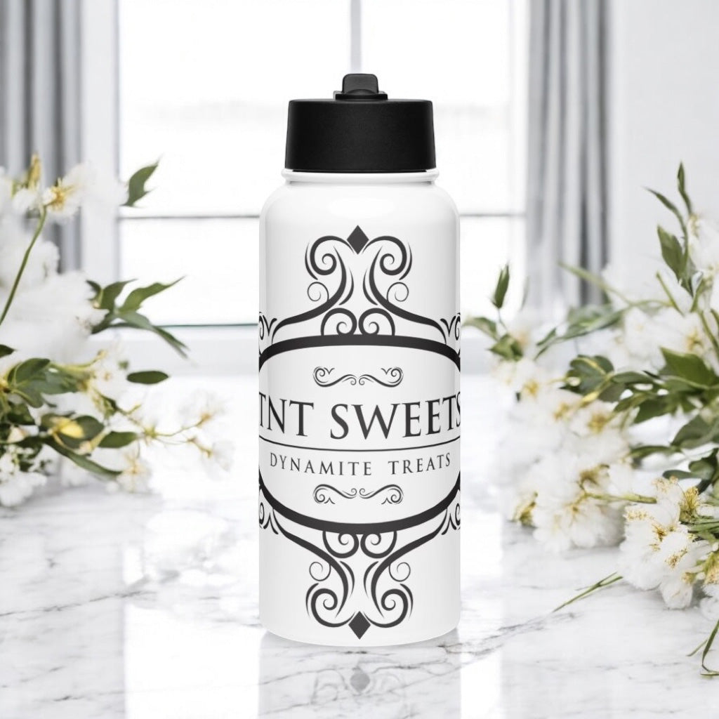 Classic white water bottle with black logo on a marble countertop with scattered spring decor.