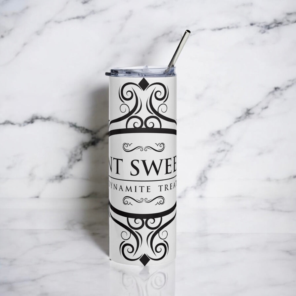 Classic white 20oz tumbler with a black logo on a marble countertop.