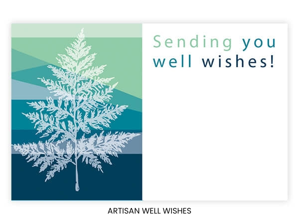 A striking, contemporary winter-teal design featuring a frost-white fern, perfect for sending encouragement or peace.