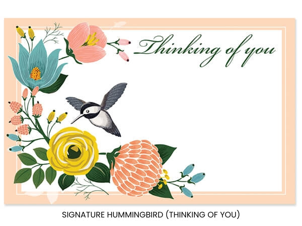 A delicate and detailed garden scene featuring vibrant blooms and a graceful hummingbird—a premier choice for a sophisticated 'Thinking of You' gesture.