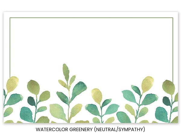 A calm, minimalist design featuring a border of lush eucalyptus and sage leaves—our recommended choice for a neutral or 'Sympathy' sentiment.