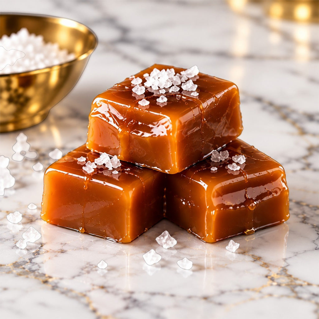 Amber Velvet handcrafted caramels with sea salt on white marble with gold accents.
