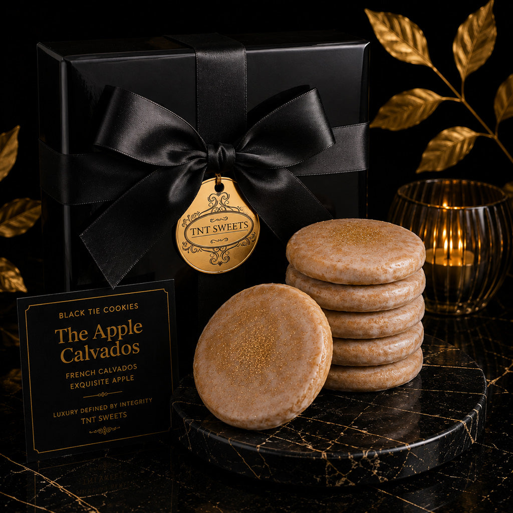 The Apple Calvados glazed cookies with delicate gold accents beside the TNT Sweets black keepsake box with satin ribbon and gold medallion on dark marble.