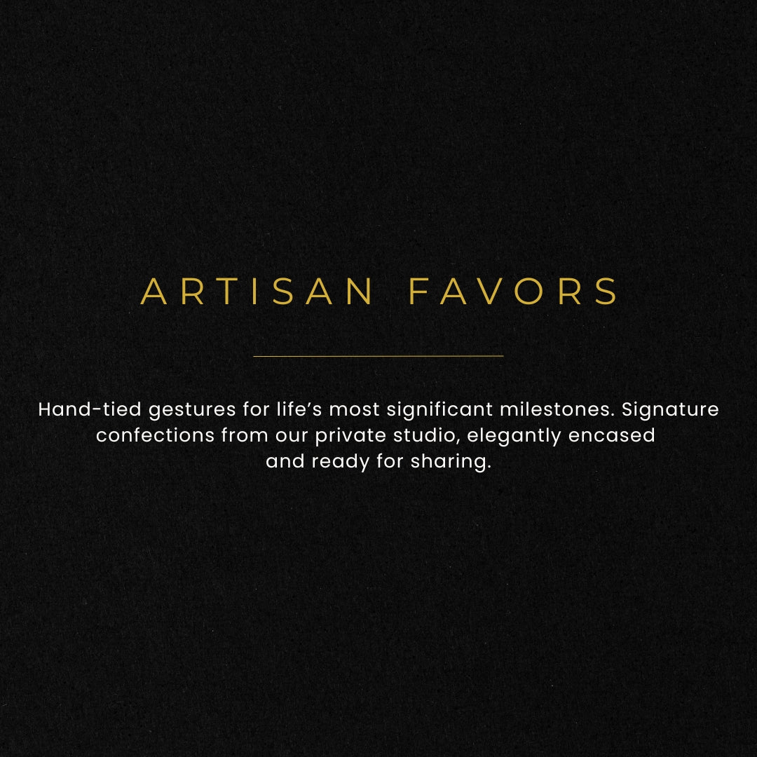 Black background with gold text 'Artisan Favors' and white text describing their products.