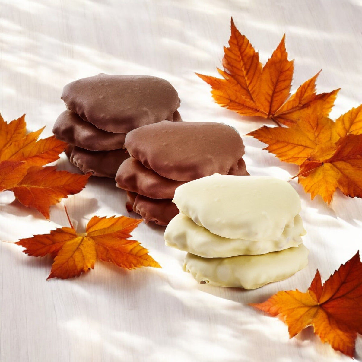 White chocolate, milk chocolate and dark chocolate chews on a tray on a wooden countertop with scattered fall leaves.