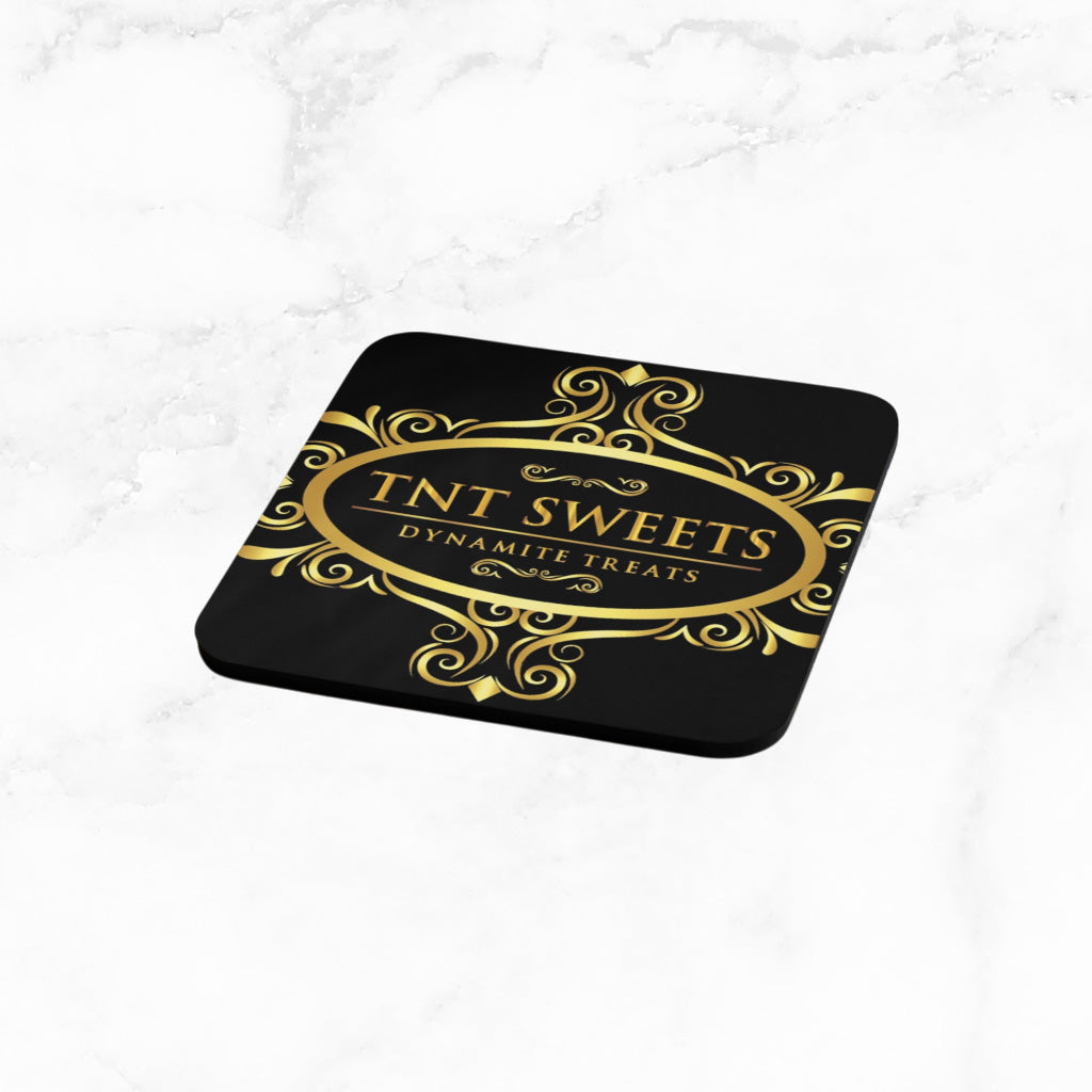 Black coaster with black and logo with a marble background.