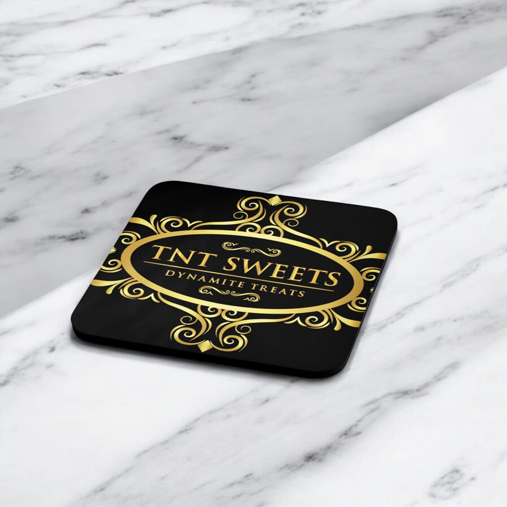 Black coaster with black and logo with a marble background.