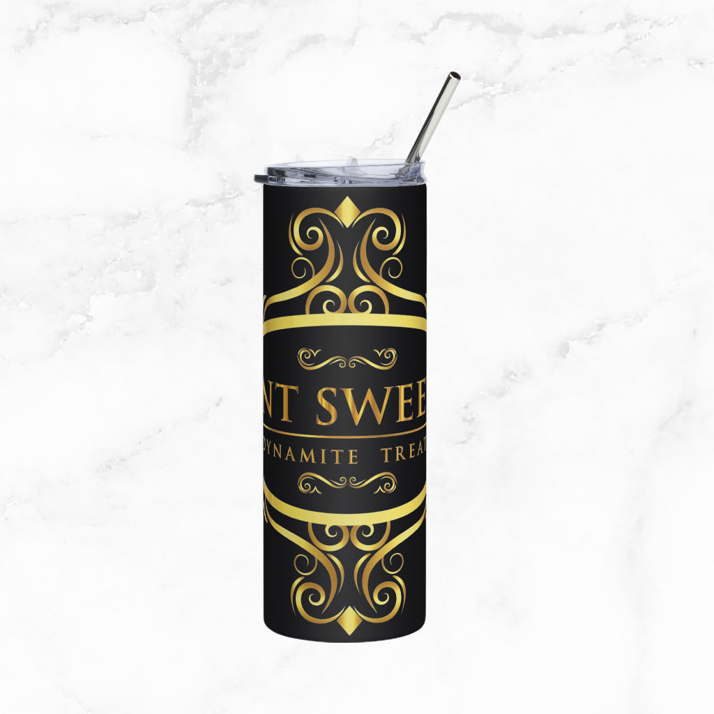 Classic black 20oz tumbler with a gold logo on a marble countertop.