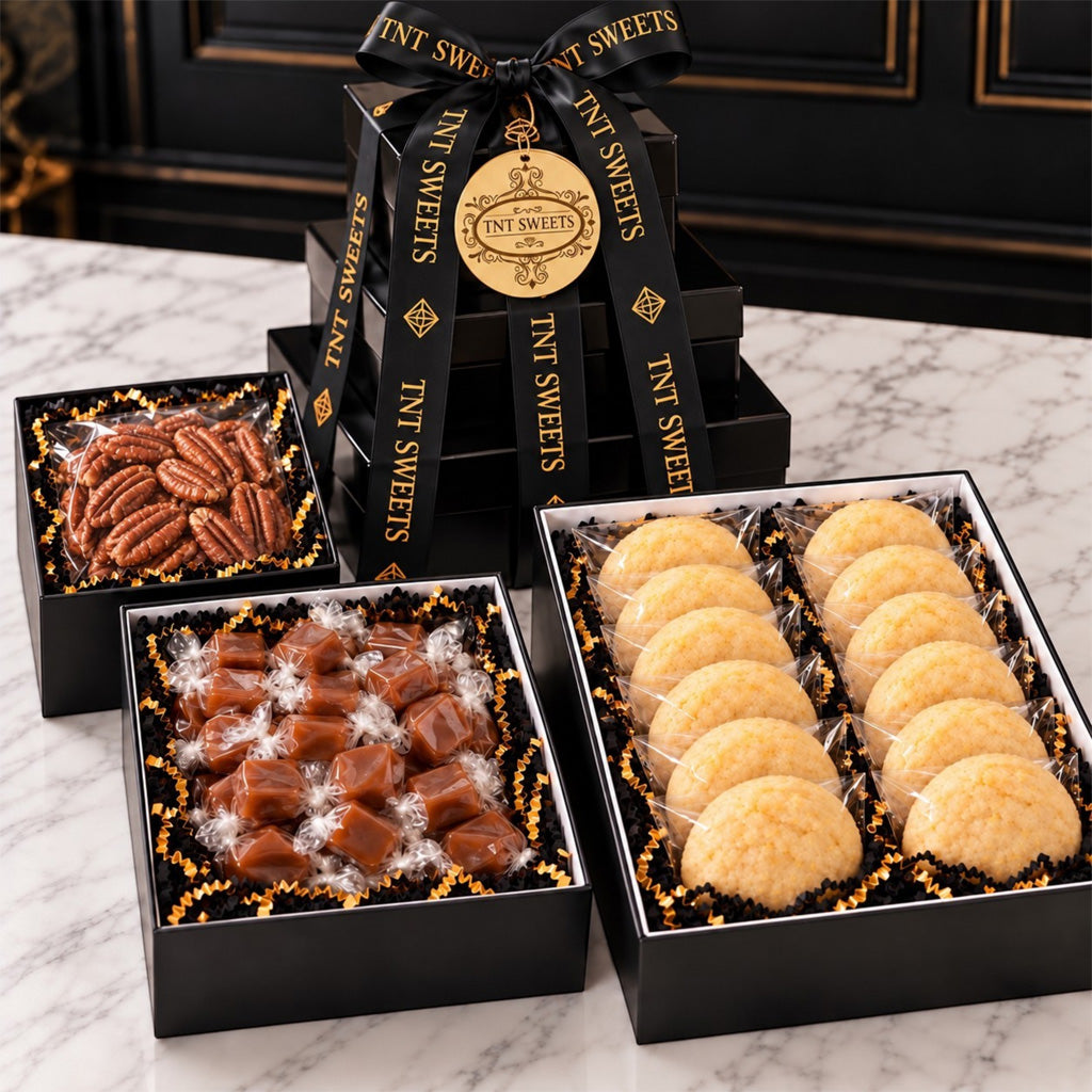 Black Tie Tower on white marble, shown with its three keepsake boxes open: a dozen individually wrapped cookies, twist-wrapped caramels, and a bag of pecan halves in black-and-gold shred.