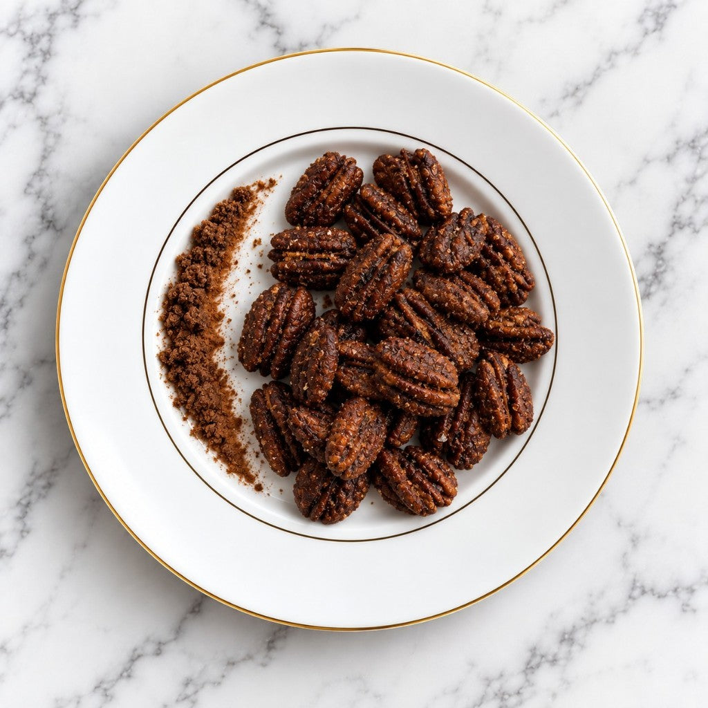 TNT Sweets Brown Sugar Cinnamon pecans on a white plate on a white marble background.