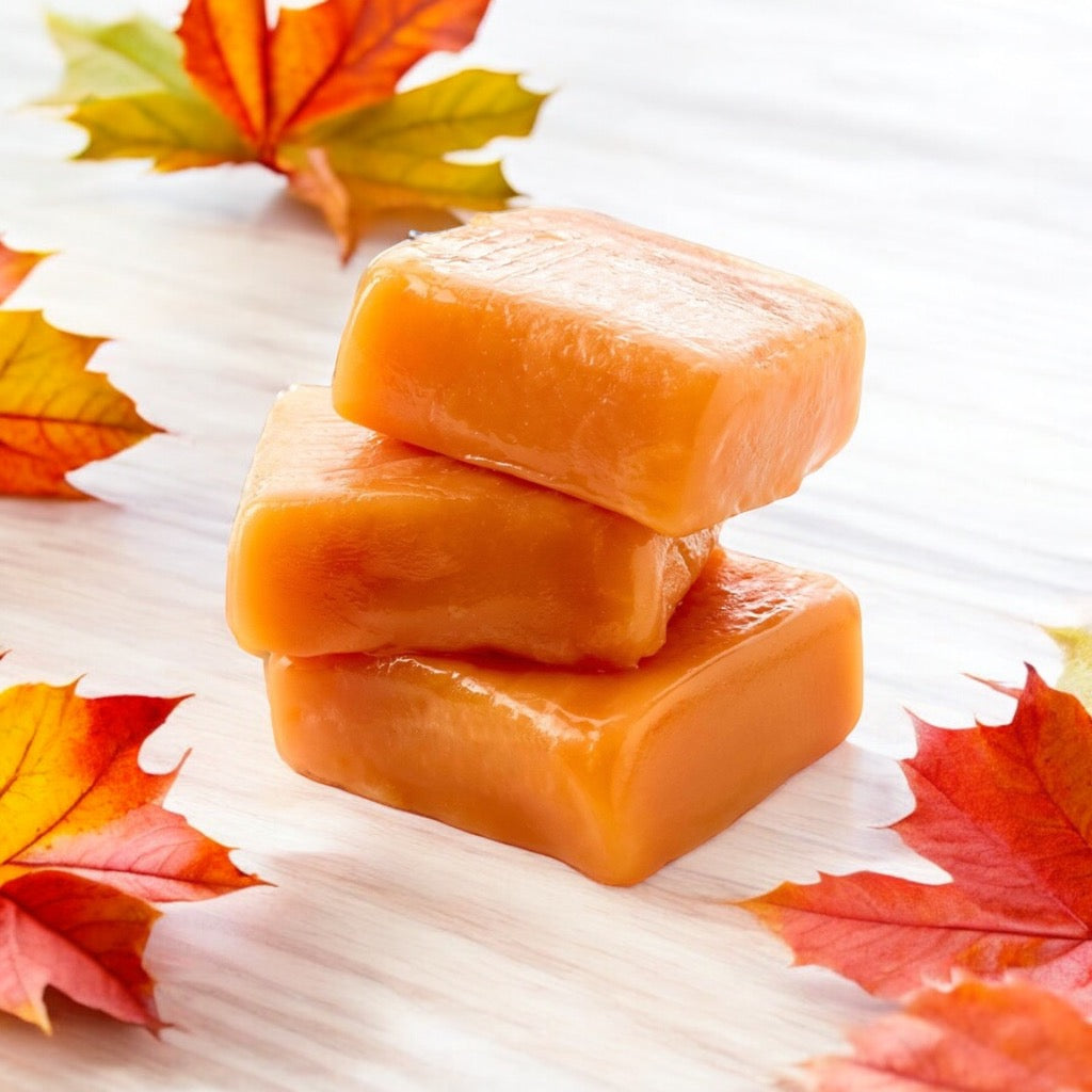 Three caramels stacked on a wood countertop with scattered fall leaves