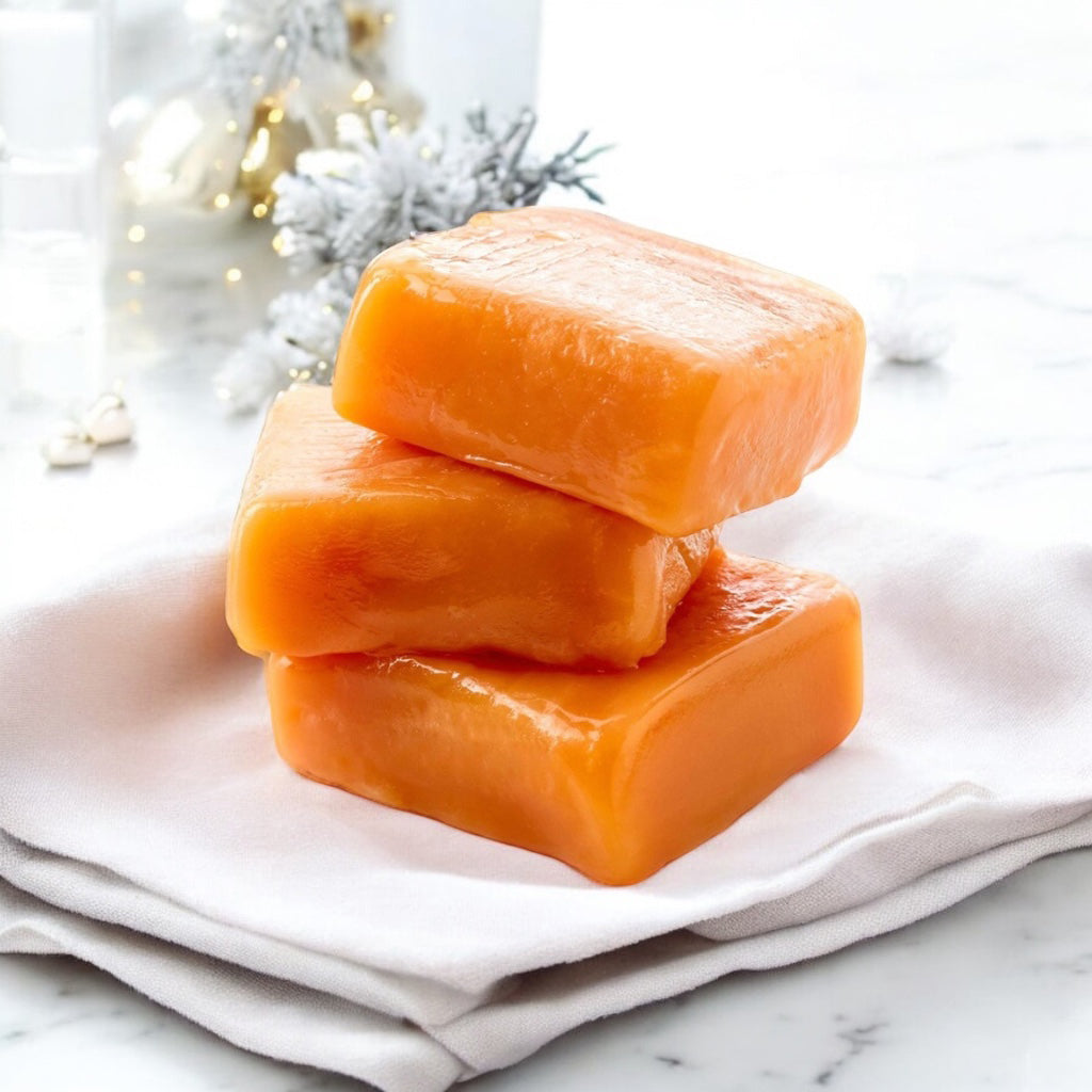 Three caramels stacked on a marble countertop with white and gold decor in the background.