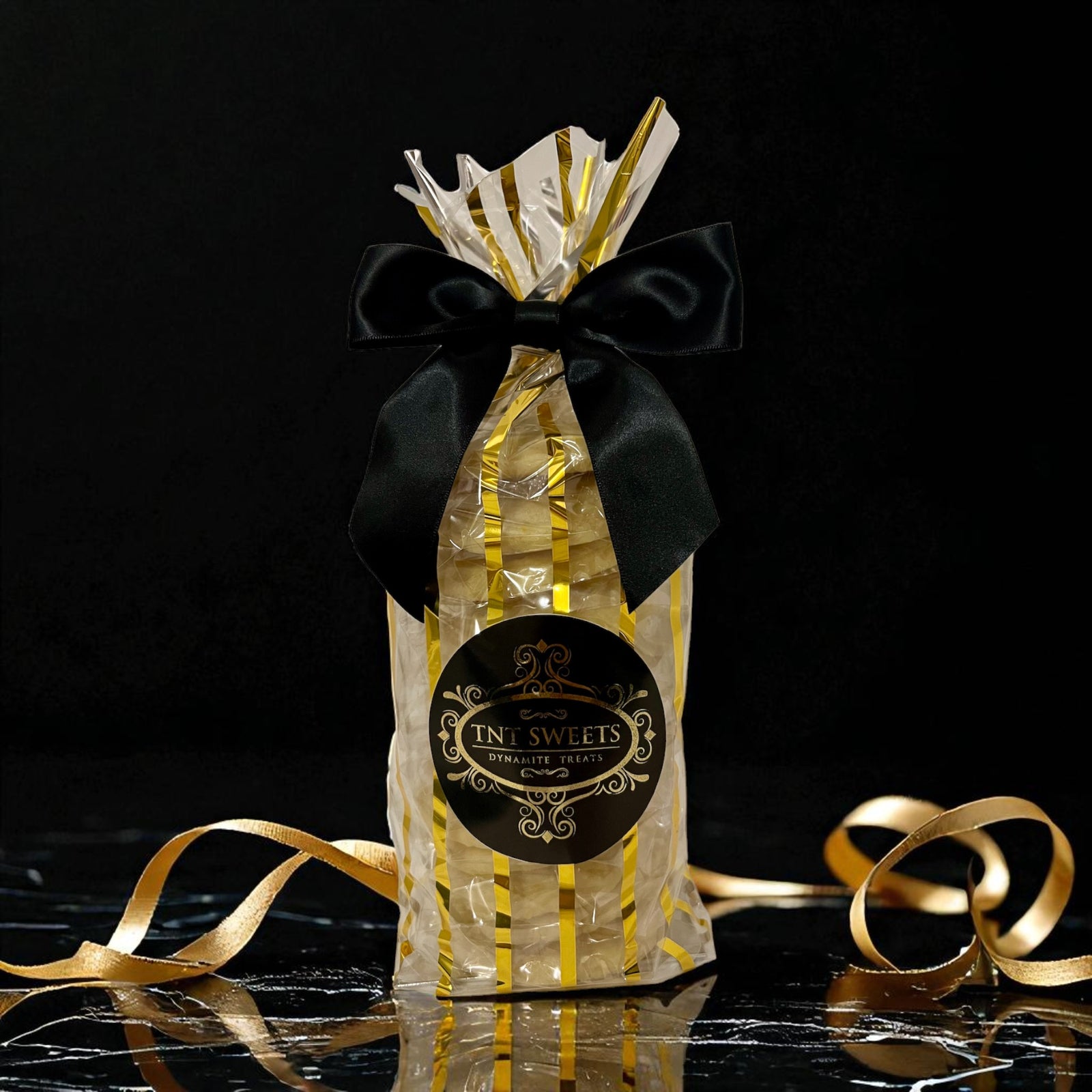 Gold striped bag filled with cookies and a black bow on a black marble countertop with a black background.