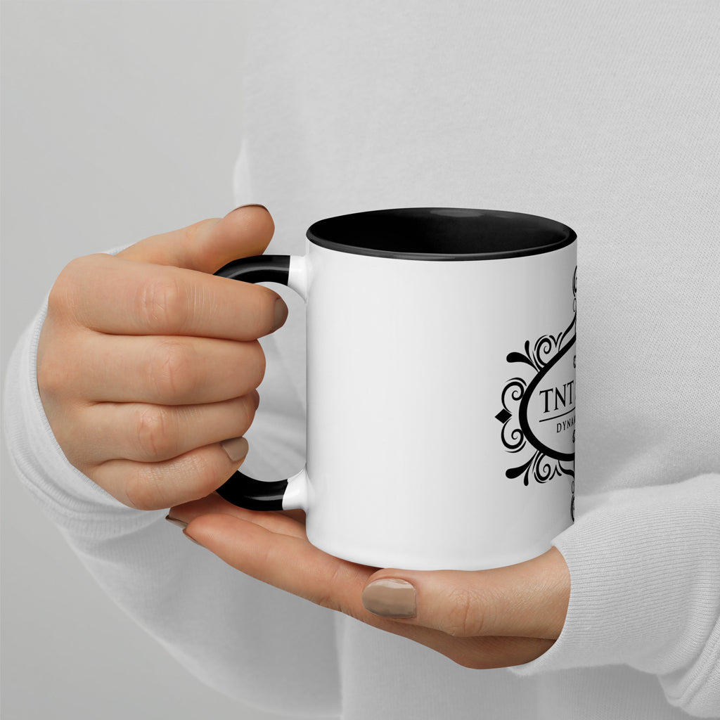 Model holding classic white 11oz ceramic mug with a white background.