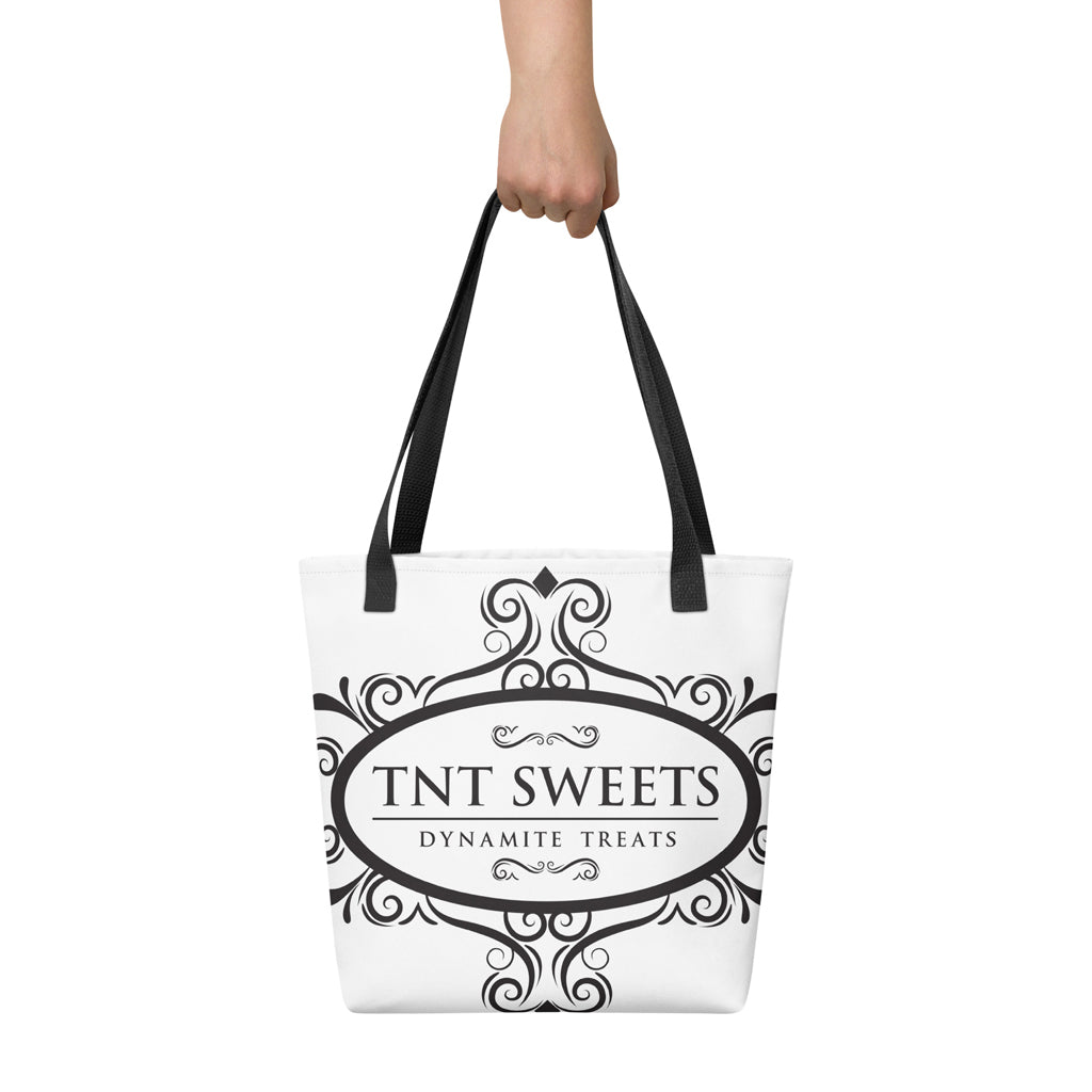 Holding TNT classic white tote bag with a white background.