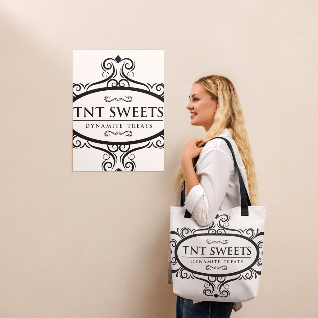 Model carrying TNT classic white tote bag with beige background.