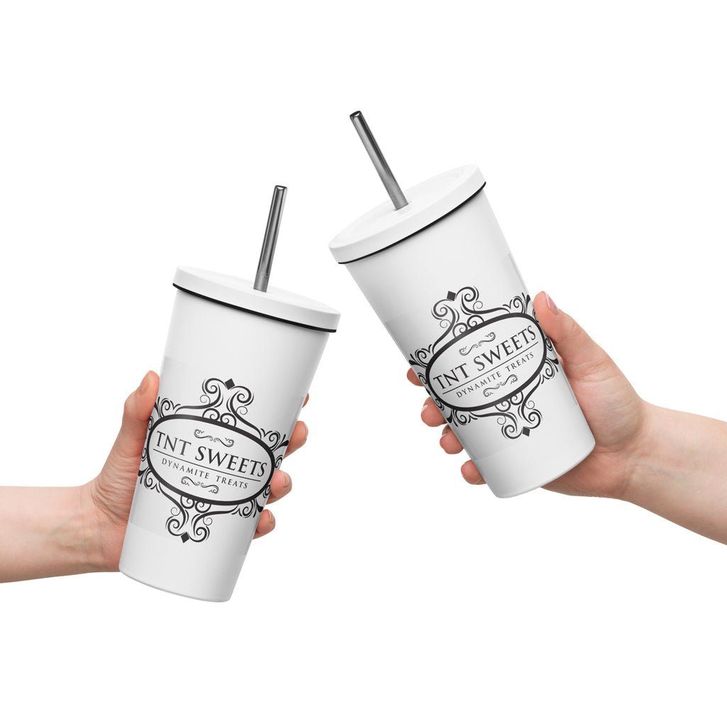 Holding classic white  tumblers with a black logo with a white background.