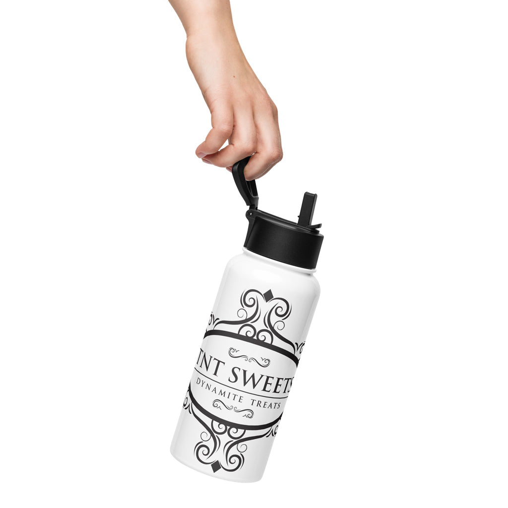 Holding the classic white 32oz water bottle with black logo with a white background.