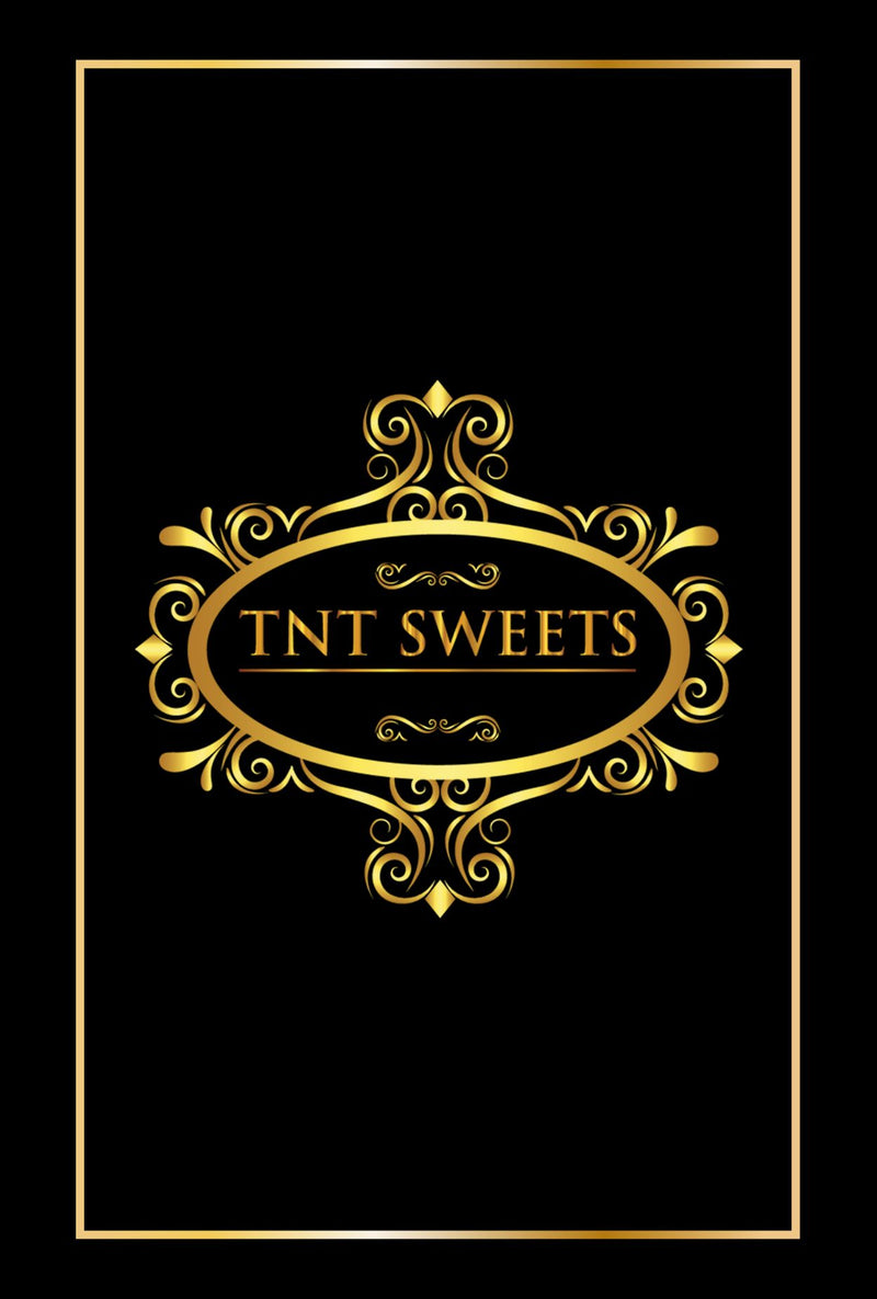 Reverse side of the TNT Sweets Cookie Savoring Guide featuring the TNT Sweets signature logo within a gold border, displayed on a white marble surface.