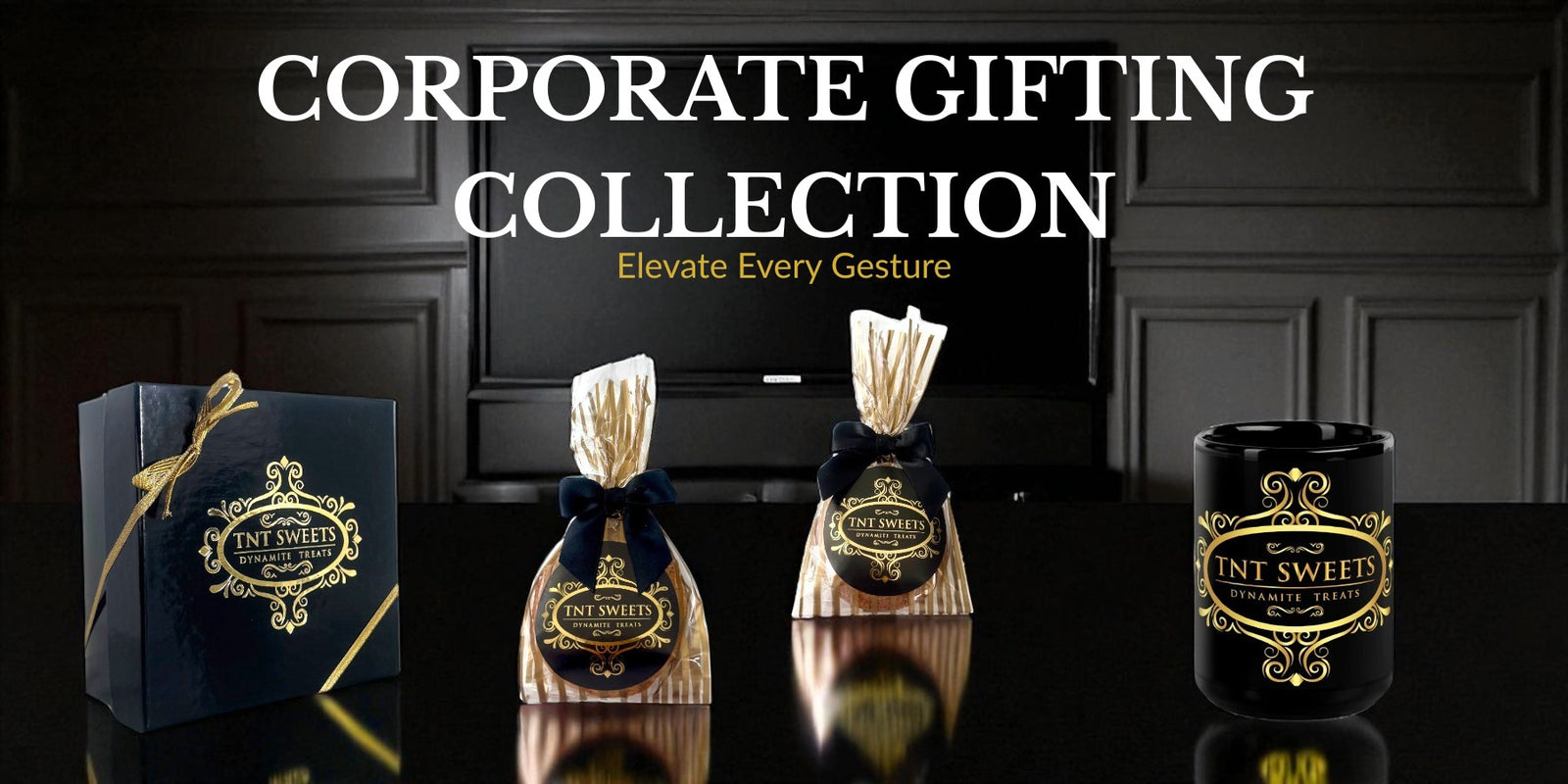 Corporate gifting collection with branded items on a dark background.