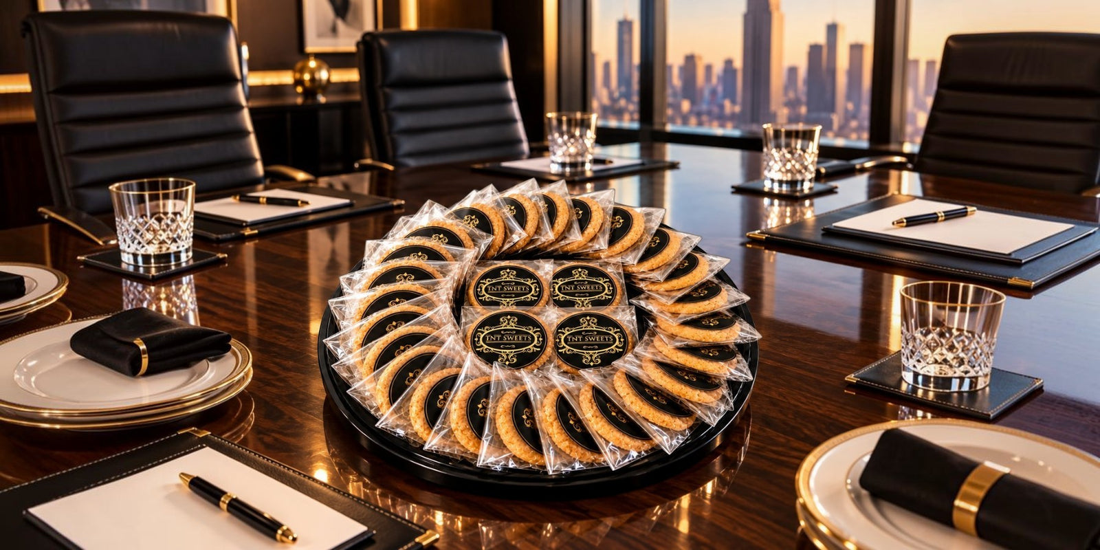 Corporate boardroom featuring a TNT Sweets platter of individually wrapped cookies.