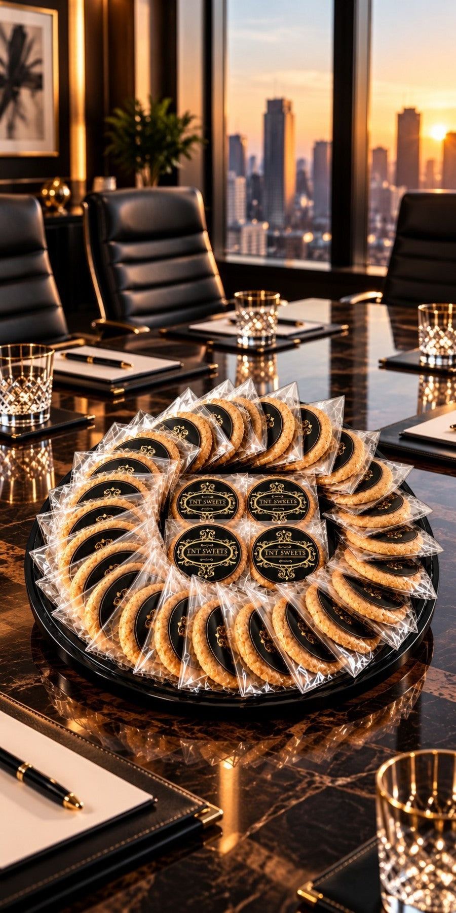Corporate boardroom featuring a TNT Sweets platter of individually wrapped cookies.