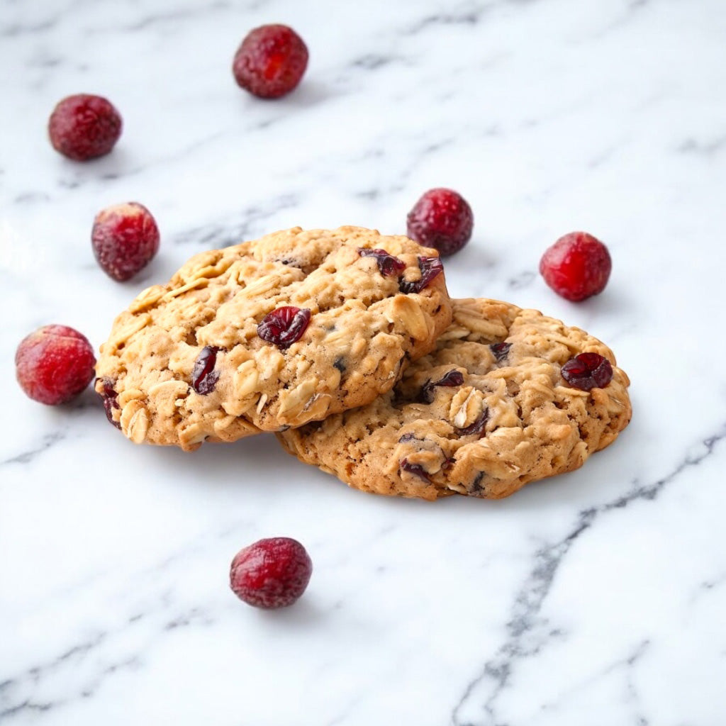 Two cranberry harvest cookies on a white marble countertop with scattered cranberries. 