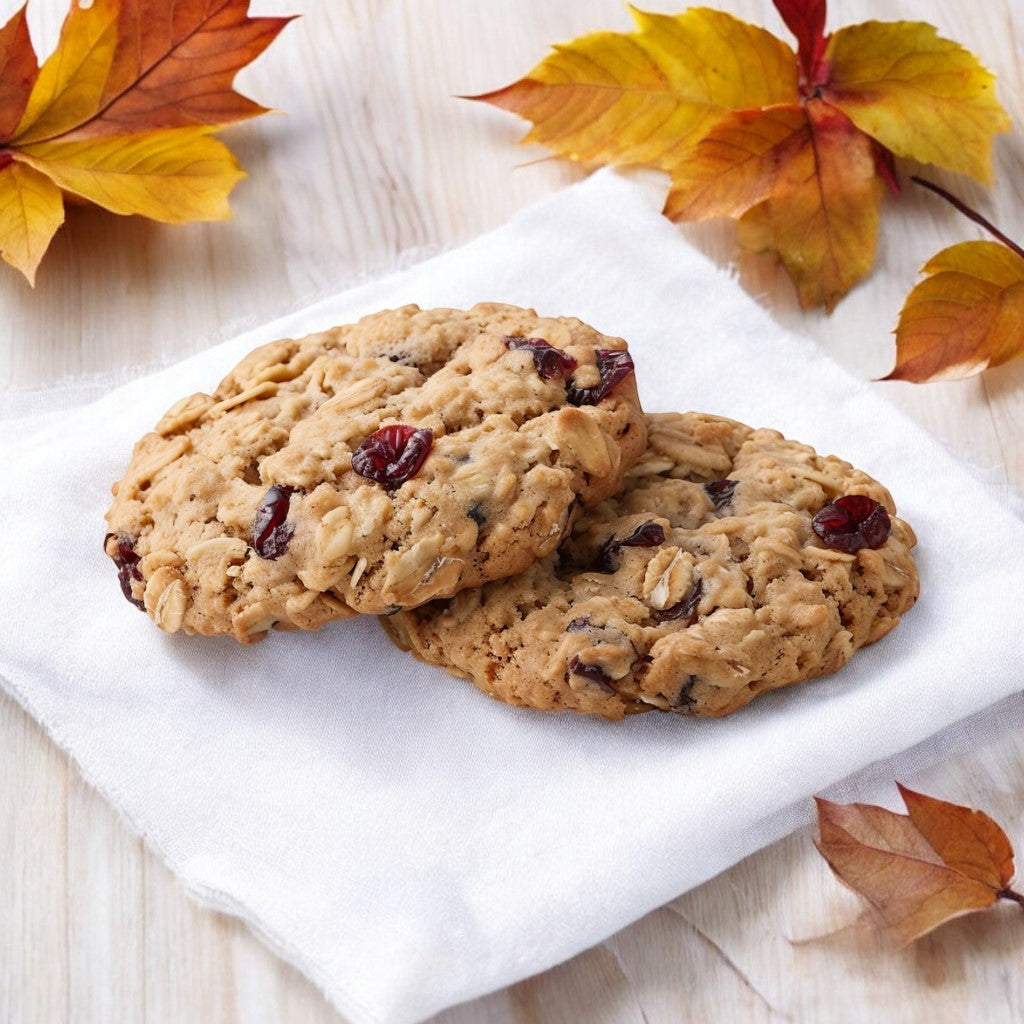 Two Cranberry Oatmeal cookies on a linen napkin on a wooden countertop with scattered fall leaves.