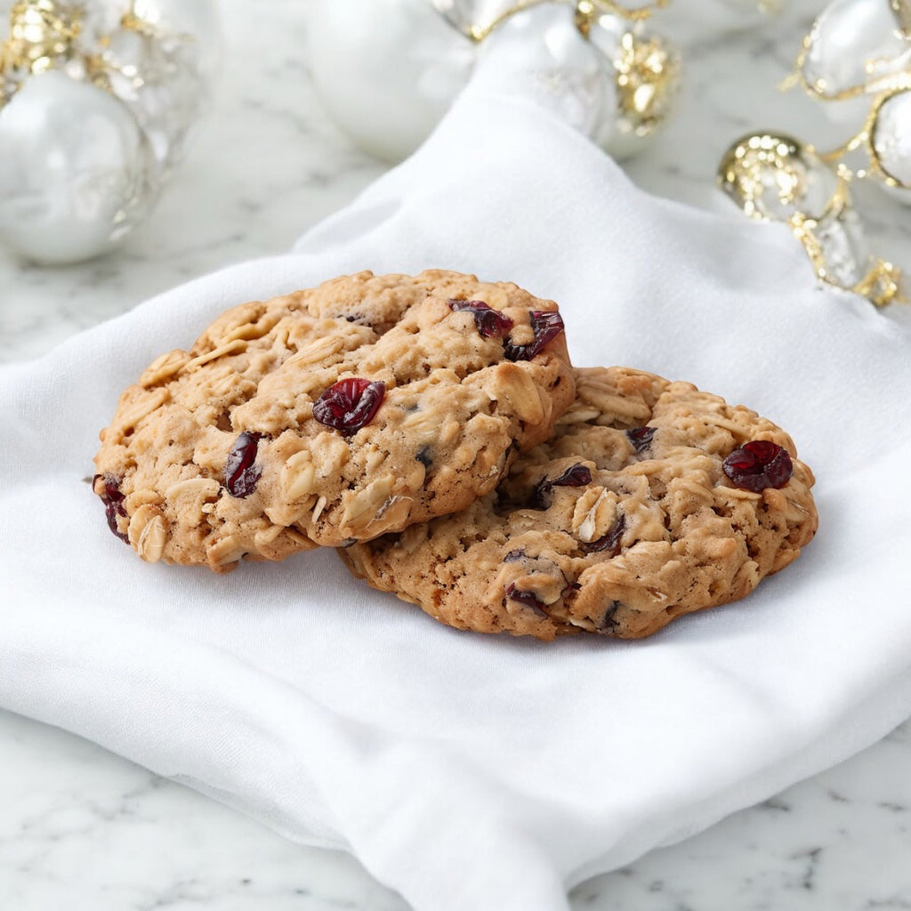 Two Cranberry Oatmeal Raisin cookie on a linen napkin on a white marble countertop with blurred white and gold decor blurred in the background.