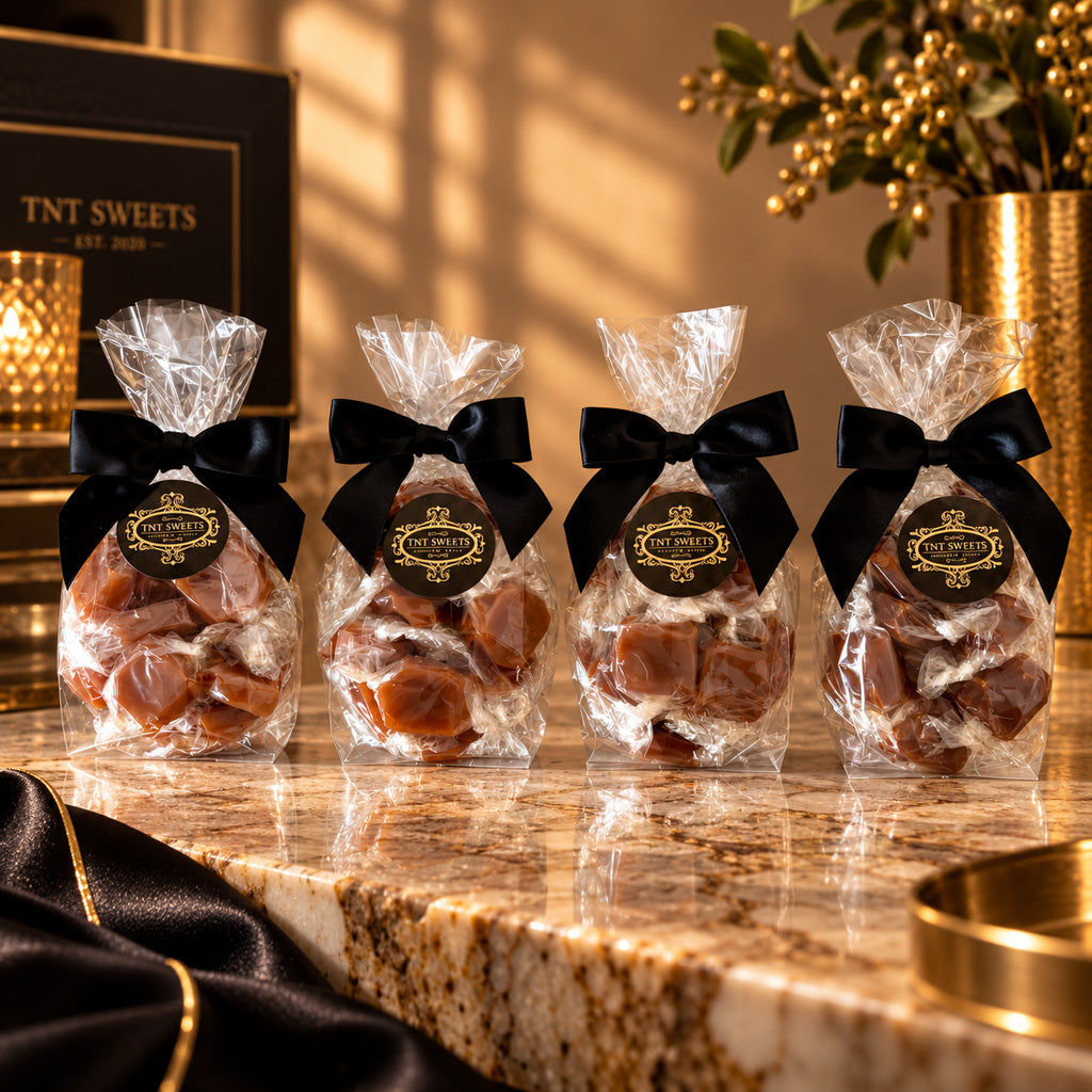 The Crescendo 15-piece caramel flight featuring Amber Velvet, Velvet Heat, Spiced Ambré, and Silk Roast on a cream marble countertop with gold accents.