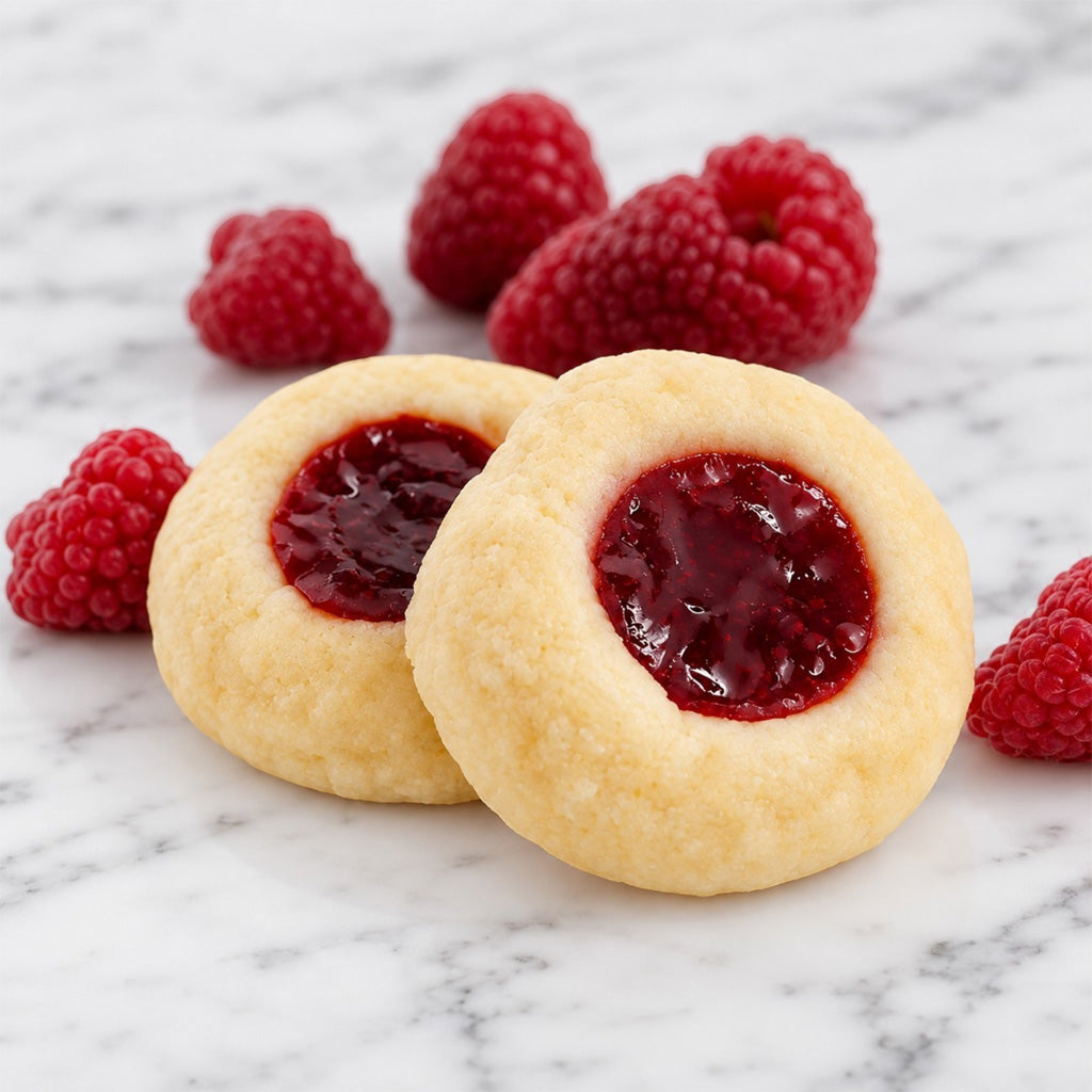 Two Crmison Raspberry thumprint cookies filled raspberry preserves on a white marble background with scattered raspberries. 