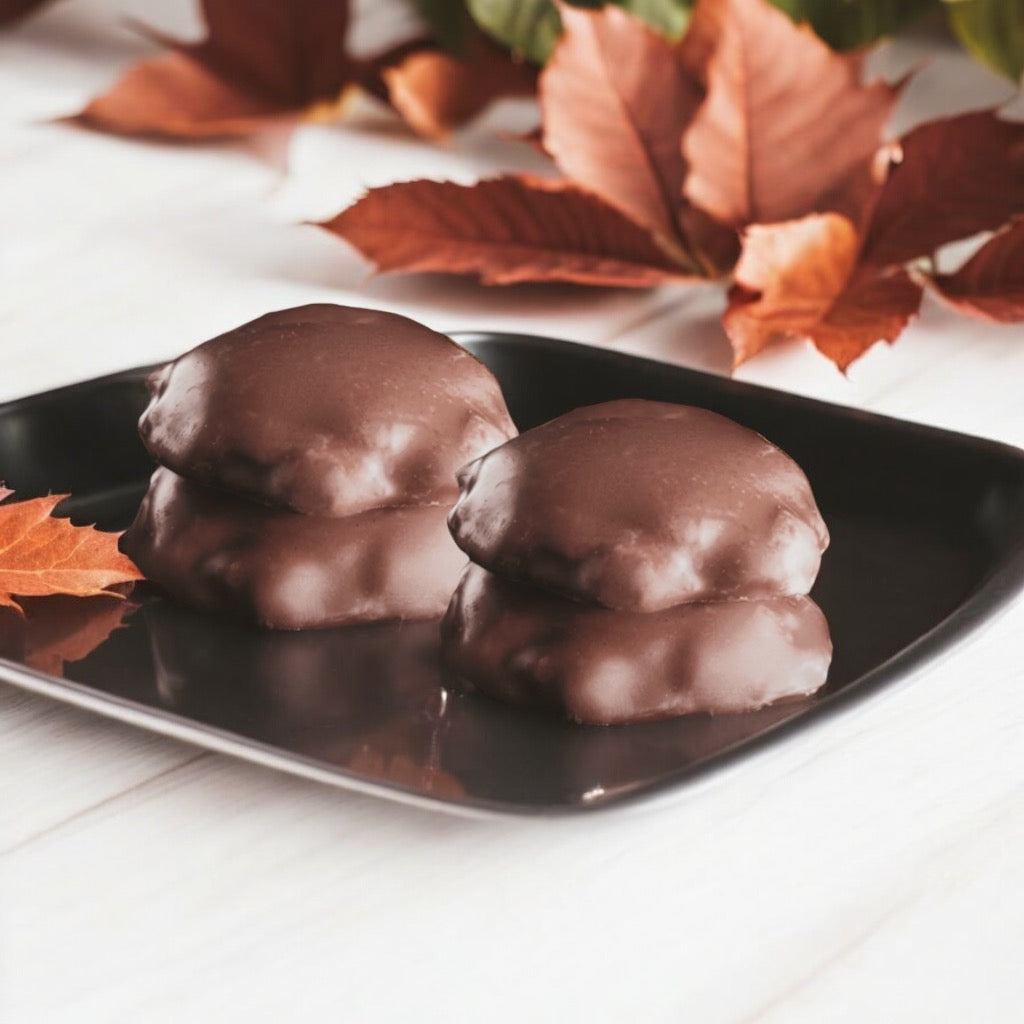 Two dark chocolate turtles on a tray on a wooden countertop with fall leaves in the background.