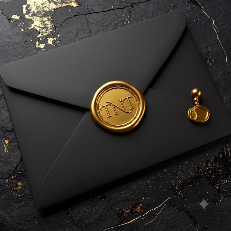 TNT Sweets Ember Club invitation featuring a black envelope with a custom gold TNT wax seal on a black marble background.