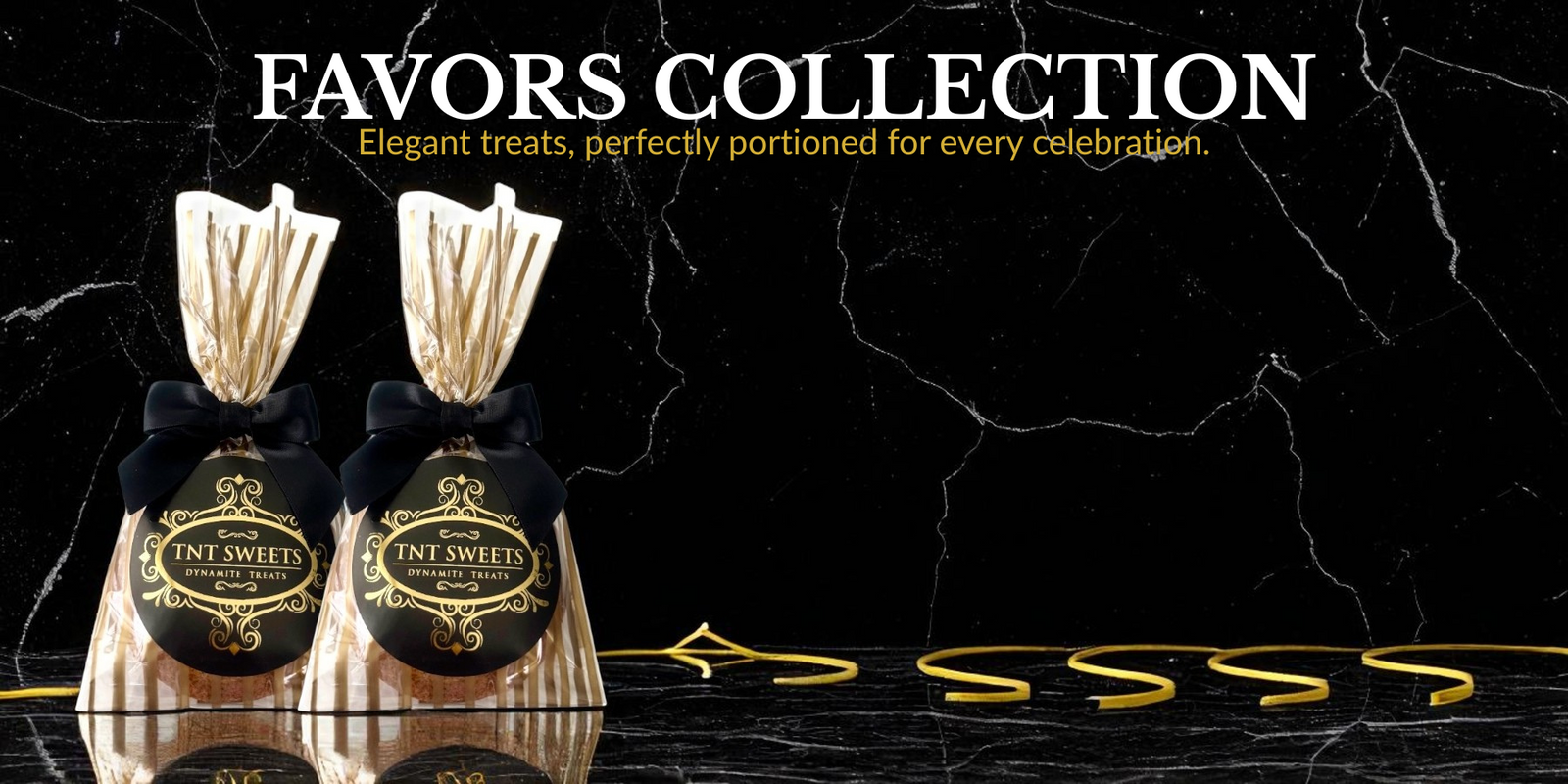 Two gold striped gift bags of cookie favors TNT Sweets label on a black textured background, featuring the text Favors Collection.