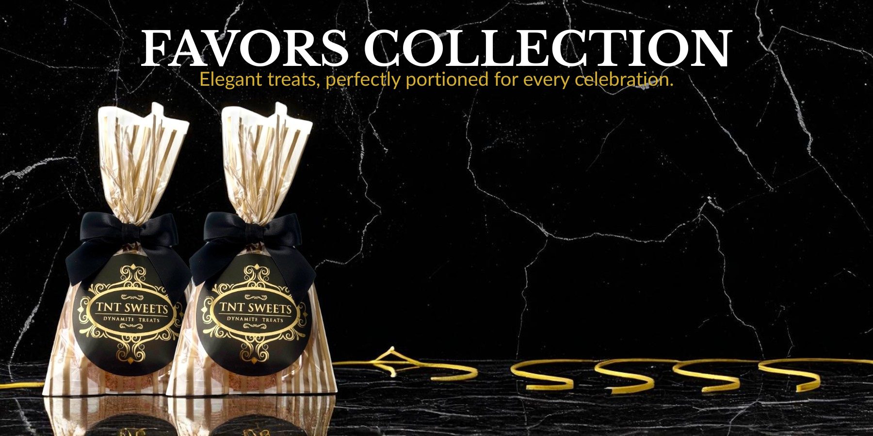Two gold striped gift bags of cookie favors TNT Sweets label on a black textured background, featuring the text Favors Collection.