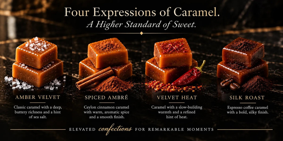 TNT Sweets presenting Four Expressions of caramels, Amber Velvet, Spiced Ambre, Velvet Heat and Silk Roast.
