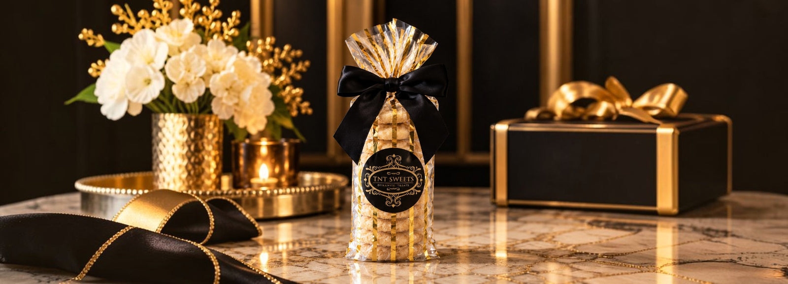 TNT Sweets Lumière lemon cookies in Gold Stripe gift packaging with black satin bow in an elegant black and gold setting.