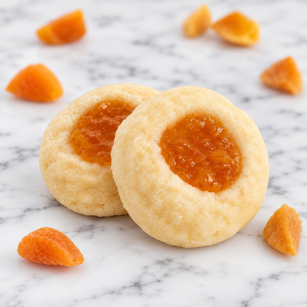 Two Golden Apricot thumprint cookies filled apricot preserves on a white marble background with scattered apricots. 