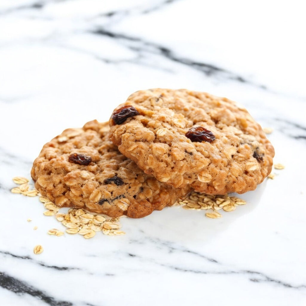 Two oatmeal raisin cookies on a marble countertop with scattered oats.