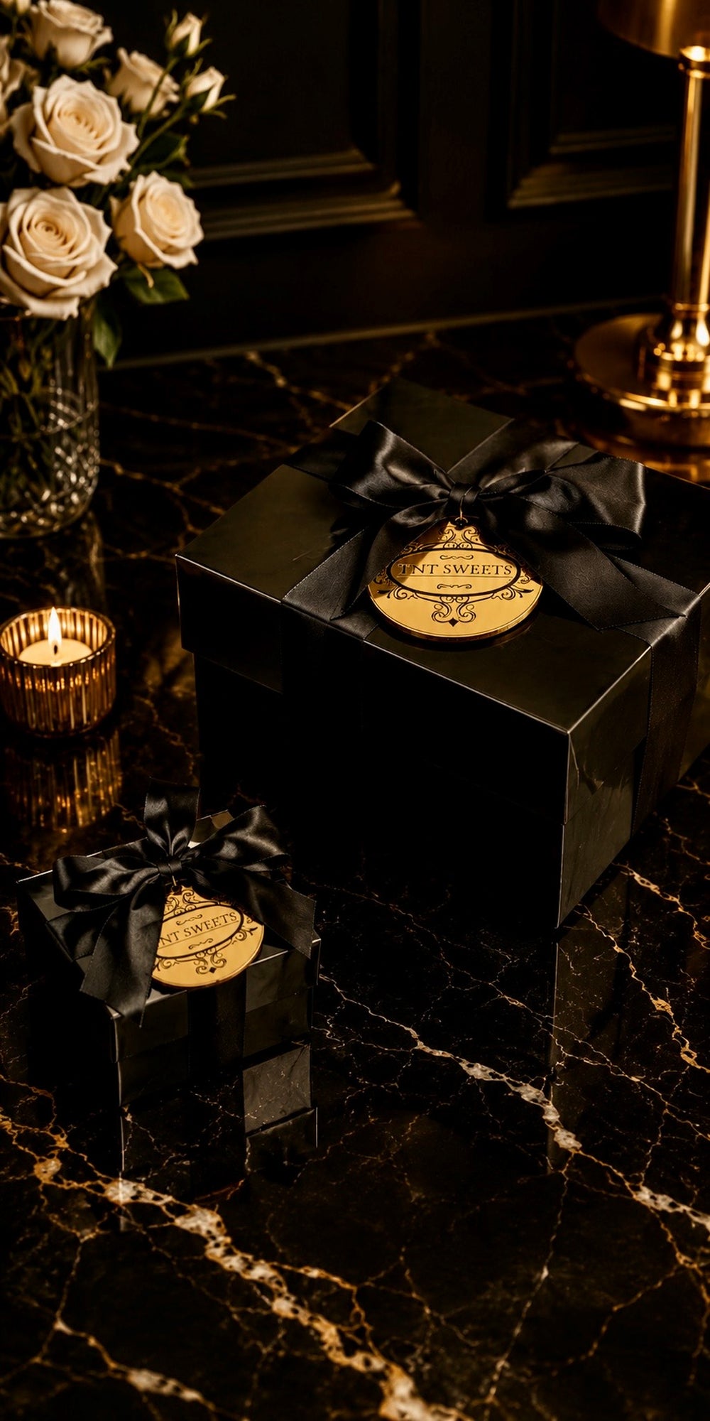 TNT Sweets black keepsake gift boxes with gold engraved medallions displayed on black marble with candlelight and ivory roses.