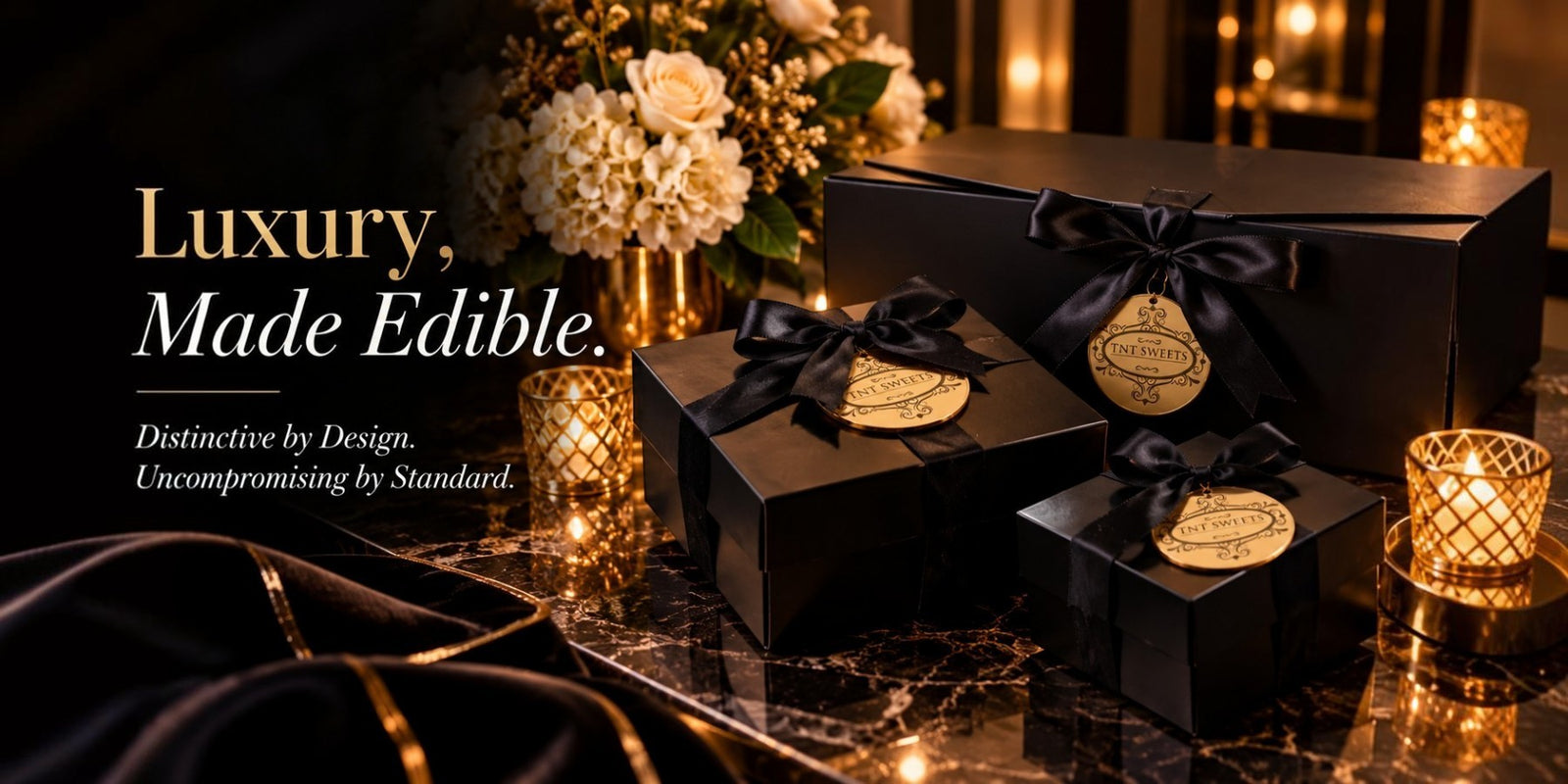 TNT Sweets luxury black keepsake and Signature Presentation gift boxes with gold medallions, styled on black marble with warm candlelight and ivory florals.