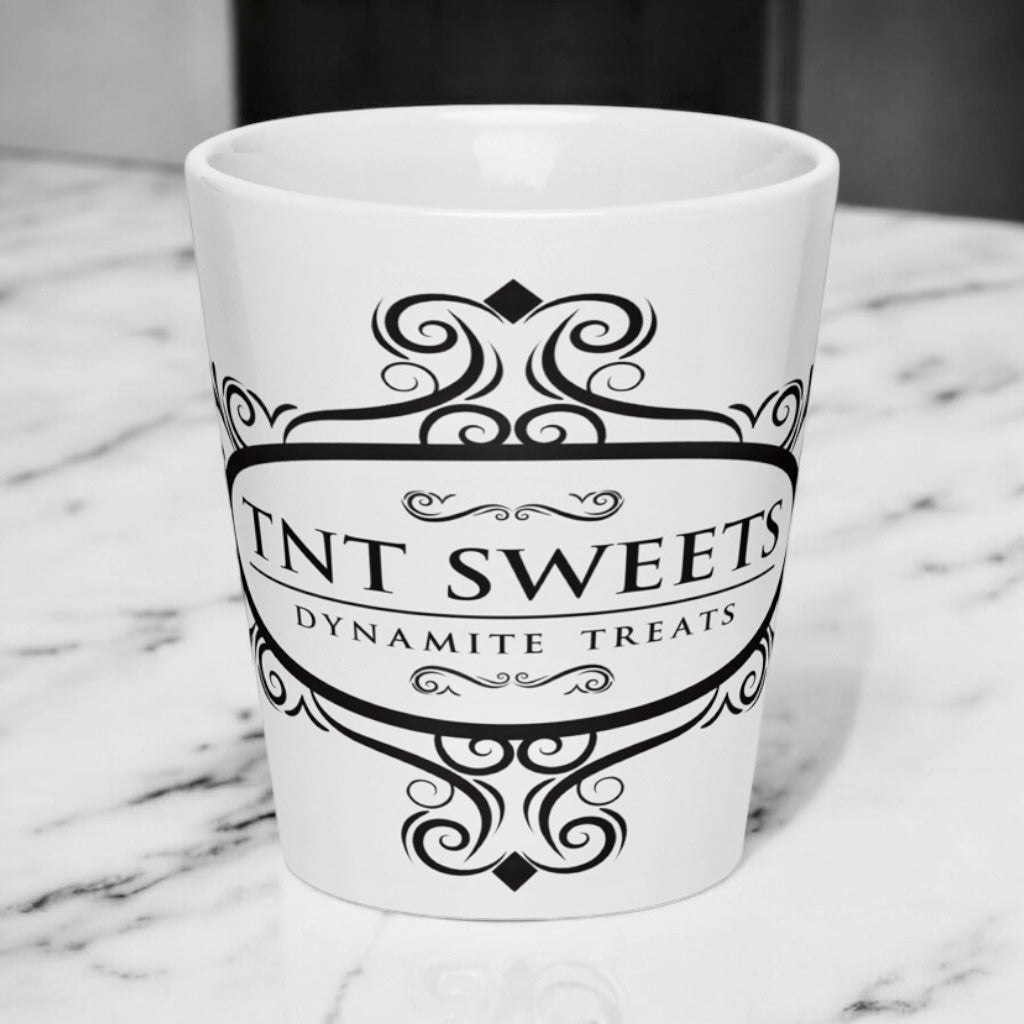 12 oz white latte mug on a white marble countercop.