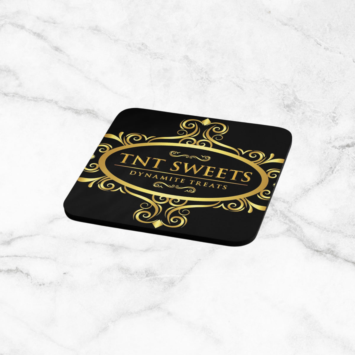 Black coaster with black and logo with a marble background.