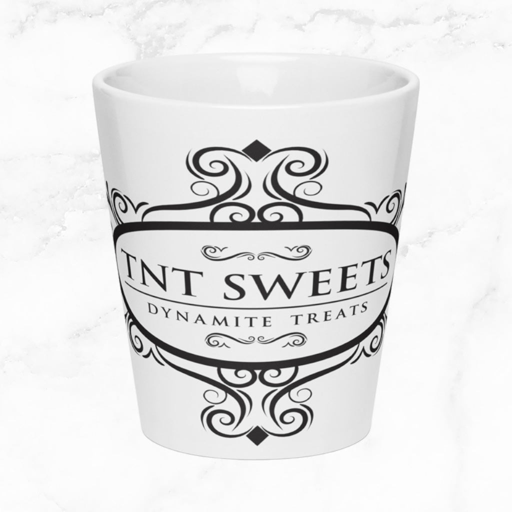 12 oz white latte mug on a white marble countercop.