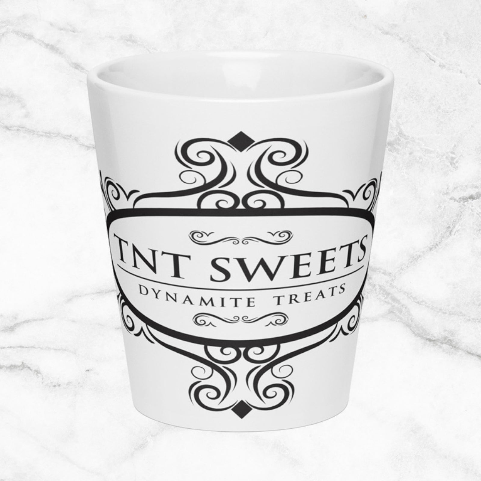 12 oz white latte mug on a white marble countercop.