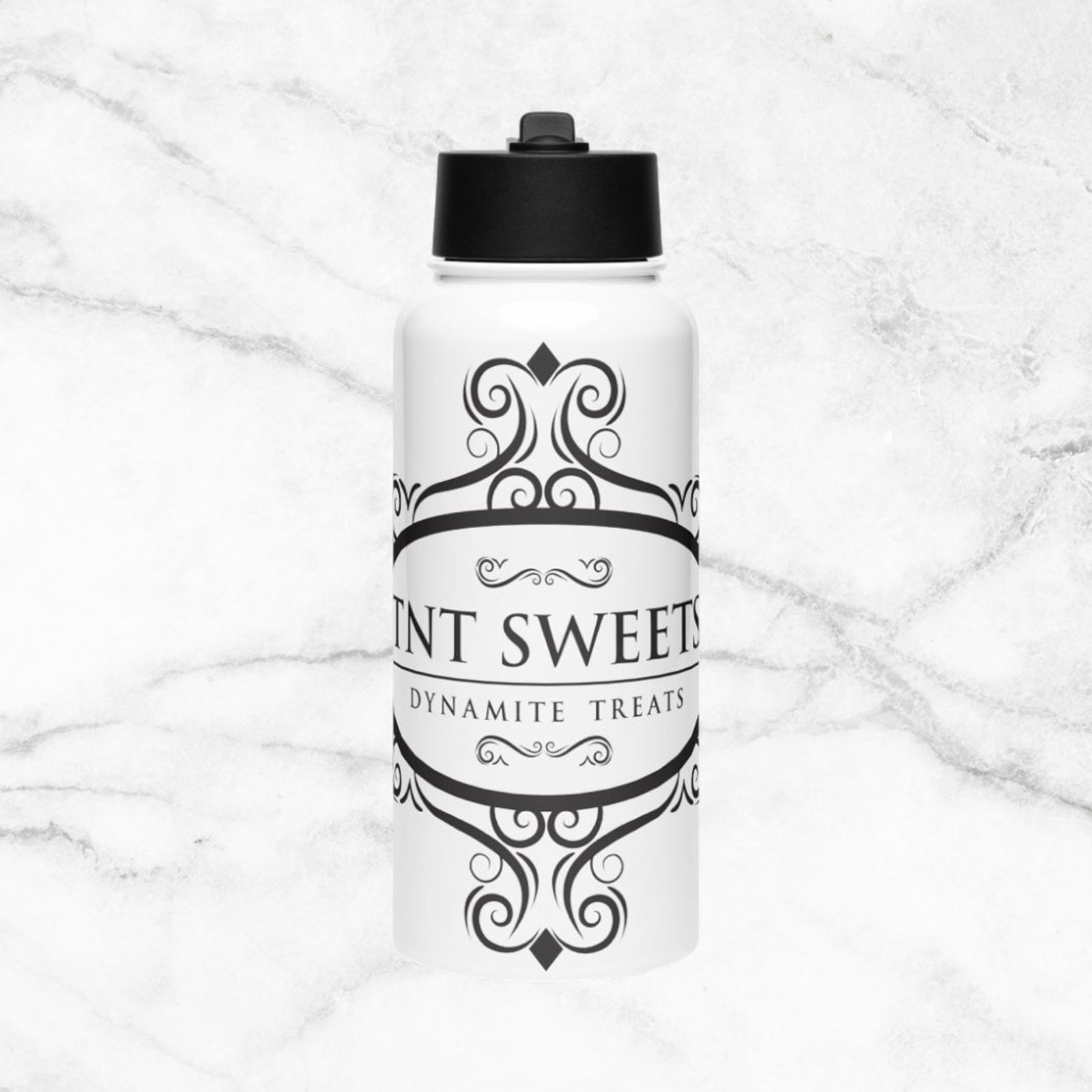 Classic white water bottle with black logo on a marble countertop with.