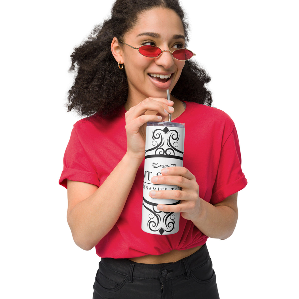 Model holding our classic white 20oz tumbler with black logo with white background.