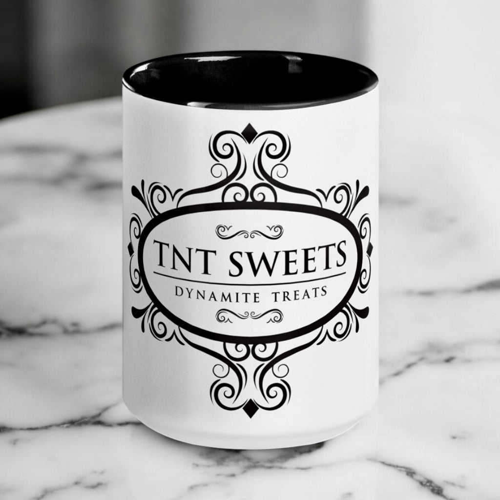 Classic white 15oz ceramic mug with a black logo on a marble countertop.